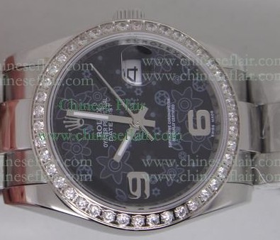 Rolex SS Black Flower Diamond-Copy Rolex Datejust Watch